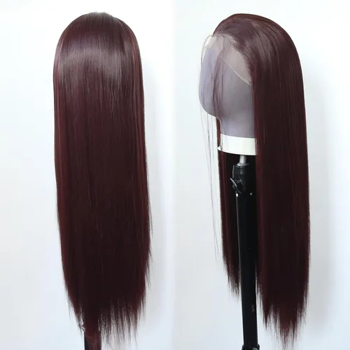 Miniatura 8 de 99J Peluca larga y lisa 99J color borgoña sintética con encaje frontal, predesfilada con línea de cabello natural para mujeres de moda, cabello