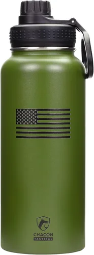 Miniatura 17 de Botella de agua aislada, negro, acero inoxidable, 32 onzas, diseño de bandera estadounidense de línea azul fina, boca ancha