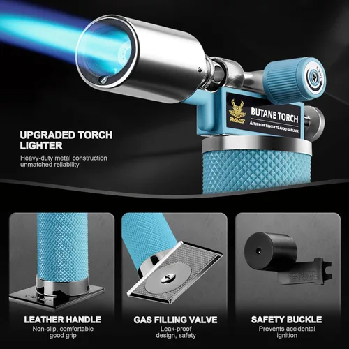 Miniatura 4 de RAVS Encendedor de butano, soplete de cocina recargable con llama ajustable y hebilla de seguridad, mini linterna de metal premium para hornear