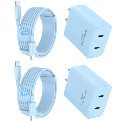 Miniatura 13 de Paquete de 2 cargadores súper rápidos USB C de doble puerto para teléfono Android tipo C, bloque de carga rápida con cable de carga tipo C de 6 pies