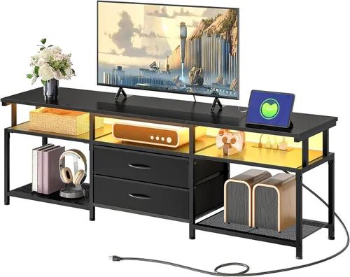 Miniatura 11 de HOOBRO - Soporte de TV con toma de corriente y luz LED, centro de entretenimiento para televisores de hasta 65 pulgadas, consola de medios moderna