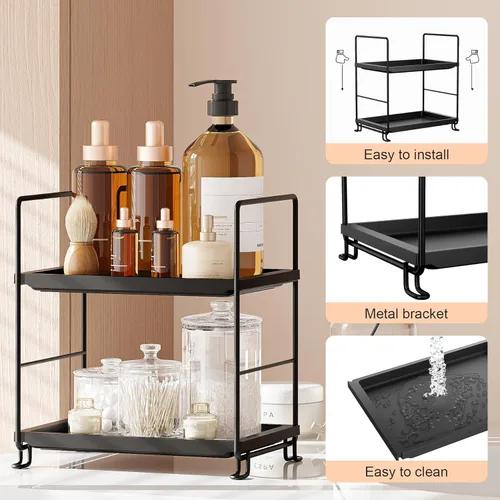 Miniatura 4 de NLBTW Organizador de encimera de baño de 2 niveles, de plástico grueso, organizador de perfumes para el cuidado de la piel para tocador, instalación