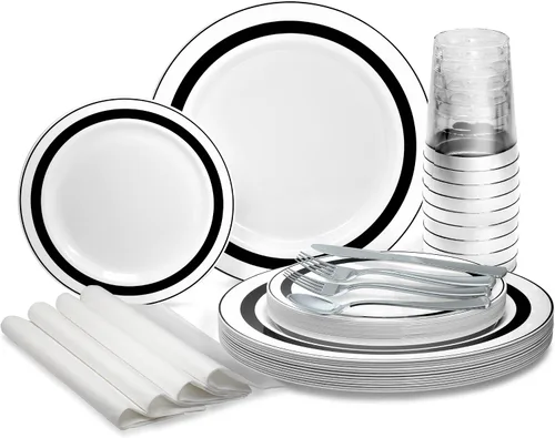 Miniatura 4 de OccasionS Paquete de 120 platos, (60 invitados), juego de platos de plástico desechables de alta calidad para bodas, 60 x 10.5 pulgadas, cena + 60