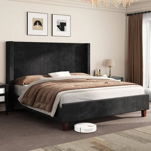 Miniatura 18 de AMERLIFE Base de cama tapizada tamaño Queen con cabecera de 50.8 pulgadas de alto, cama de plataforma con respaldo de alas con patas de madera