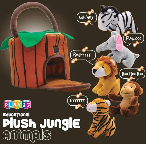 Miniatura 8 de Play22 Juego de 6 piezas de animales de la selva parlantes de felpa con transportador para niños, bebés y niños pequeños, elefante, tigre, león