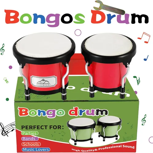 Miniatura 5 de EastRock Bongo - Juego de tambor de 4 y 5 pulgadas para adultos, principiantes, bongos de percusión con llave de afinación (rojo)
