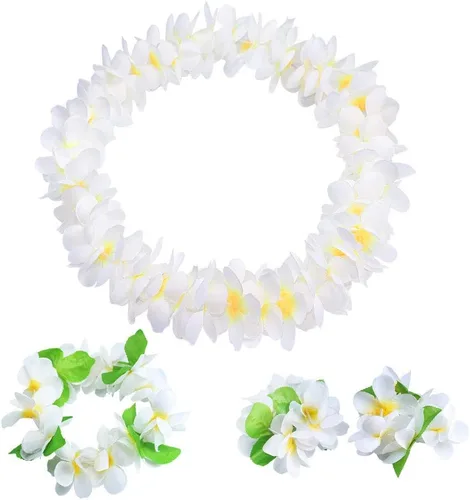 Yansanido 4 piezas de leis hawaianos blancos con hojas verdes para fiesta de graduación, fiesta de baile, accesorio de fotos al aire libre (blanco)