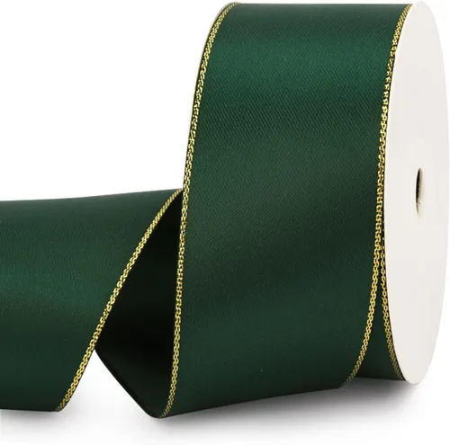 Miniatura 11 de VIVIQUEN Cinta de satén verde de doble cara con borde dorado, cinta continua de poliéster de 1 pulgada -25 yardas, cinta ancha para envolver 1" verde