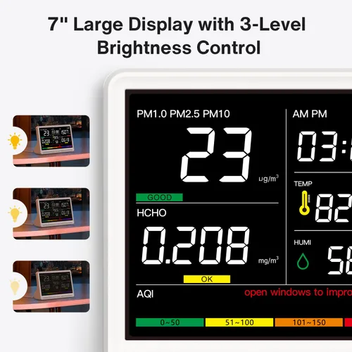 Miniatura 8 de Monitor de calidad del aire 16 en 1 con pantalla de 17,8 cm (7") 9 alertas de IAQ+7, monitor de CO2, probador de calidad del aire para CO2, TVOC