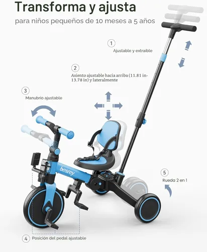 Miniatura 4 de besrey - Bicicleta para niños pequeños 5 en 1 con mango de dirección para padres, para niños y niñas de 1 a 3 años, triciclo de empuje plegable