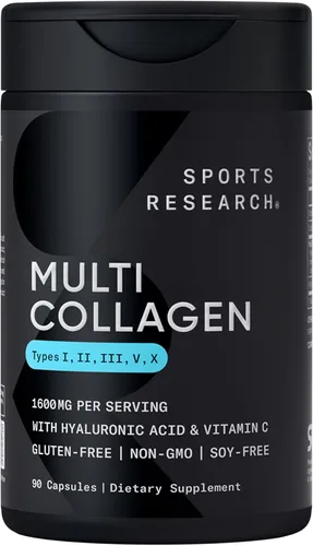 Sports Research® Píldoras de colágeno múltiple para mujeres y hombres, péptidos de colágeno (tipo I, II, III, V, X) mejorados con ácido hialurónico