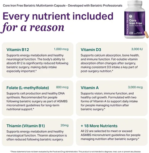 Miniatura 6 de Procare Health Multivitamínico bariátrico sin hierro (30 cápsulas vegetales de disolución rápida) – Vitaminas bariátricas para manga gástrica