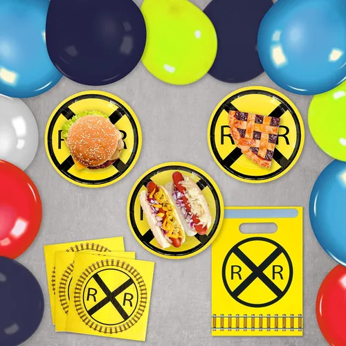 Miniatura 6 de Havercamp ¡Fiesta de ferrocarril para 16! Incluye 16 platos de postre de 7 pulgadas, servilletas largas y bolsas de favor/botín. 48 piezas en total.