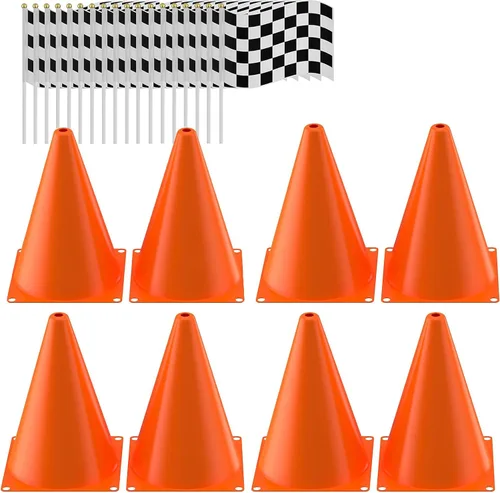 Miniatura 8 de Conos de tráfico con banderas a cuadros de carreras, 6 conos de tráfico con agujero en la parte superior, 12 banderas a cuadros, suministros