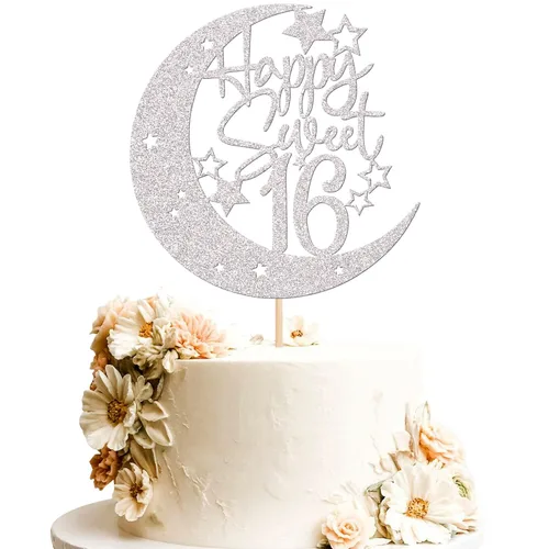 Miniatura 16 de 1 pieza de decoración de pastel de 16 años con purpurina de luna y estrella de luna feliz 16 cumpleaños, decoración para tartas de cumpleaños de 16