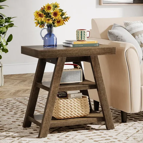 Miniatura 8 de Tribesigns Mesa auxiliar de granja, mesa auxiliar de madera de 3 niveles con patas trapezoidales, mesa auxiliar rústica para sofá, mesita de noche
