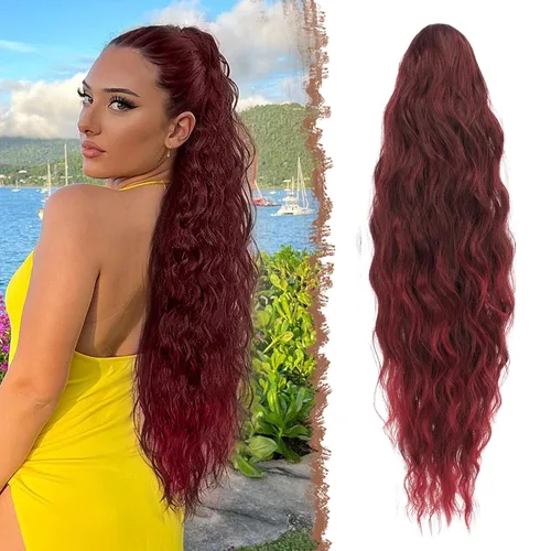 Miniatura 19 de FESHFEN Extensiones de cola de caballo – 26 pulgadas cordón largo rizado ondulado clip en colas de caballo pelo sintético extensiones de cola