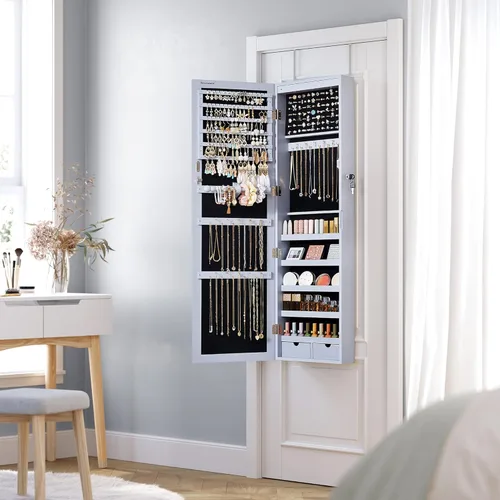 Miniatura 25 de Songmics - UJJC93W - Armario para joyas que se puede cerrar con llave, de montaje en pared o puerta, con espejo de 6 luces LED, para organización