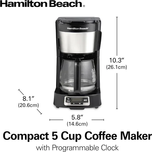 Miniatura 8 de Hamilton Beach Cafetera de goteo de 5 tazas con cesta de llenado frontal fácil, diseño compacto, reloj programable, jarra de vidrio, pausa