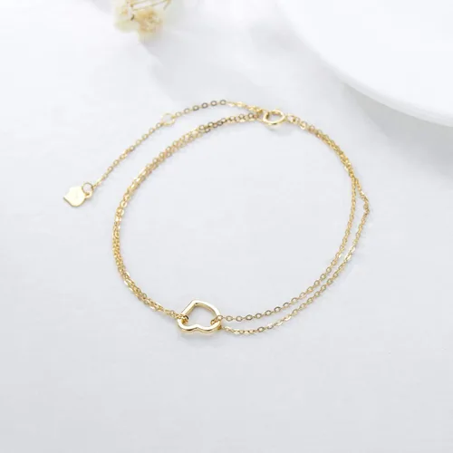 Miniatura 3 de SISGEM Pulsera de corazón de oro amarillo de 14 quilates para mujer, pulsera de corazón de doble cadena de oro real, regalo de aniversario