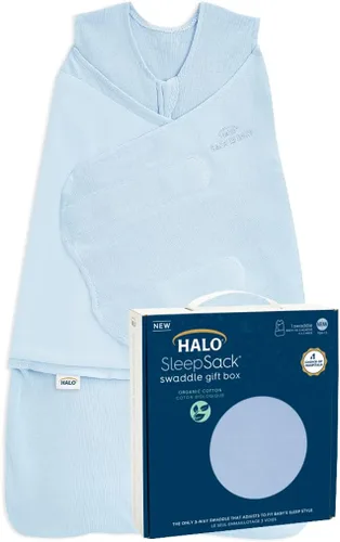 HALO Saco de dormir con manta de arropar 100% de algodón orgánico, talla Recién Nacido, 1 pieza Juego de regalo con caja, TOG 1.5, 0 a 3 meses, Azul