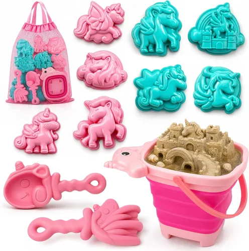 TOY Life Juguetes de playa de unicornio para niñas de 4 a 8 años, juego de juguetes de arena de silicona plegables con cubo, moldes y palas,
