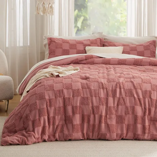 Miniatura 12 de Bedsure Juego de Edredón Tamaño Queen Beige, Juego de Cama Boho con Mechones, Ropa de Cama a Cuadros Estilo Granja Shabby Chic, 3 Piezas, 1 Edredón