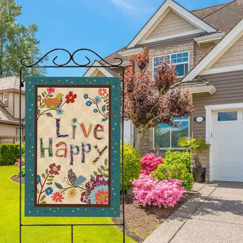 Miniatura 7 de Hzppyz Live Happy - Bandera decorativa grande para casa, diseño de pájaro, primavera y verano, cita inspiradora para jardín, patio, decoración