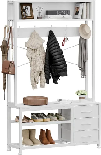 Miniatura 10 de Lulive Perchero de pie con banco y almacenamiento de zapatos, perchero independiente de 31.5" con estante de almacenamiento de 2 niveles, banco