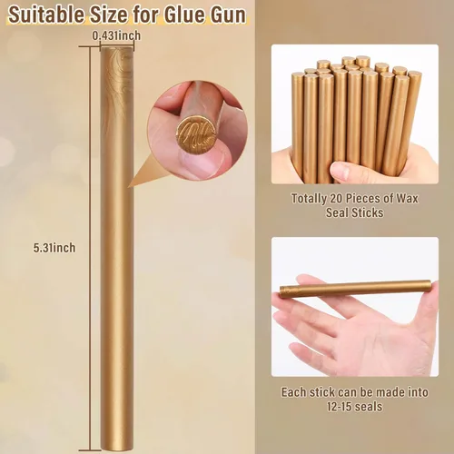 Miniatura 4 de PAXCOO - 20 varillas de cera para sellar, pistola de pegamento para invitaciones de boda, cartas, sobres, tarjetas y manualidades (oro antiguo)