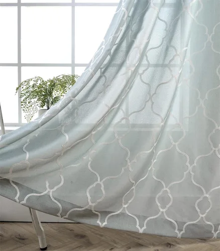 Miniatura 17 de Miuco, cortinas de imitación de lino con bordado marroquí, semitransparentes, con ojales para salón o dormitorio