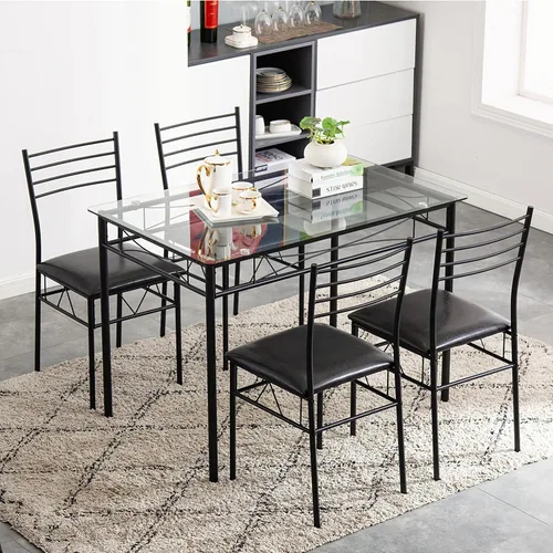 Miniatura 12 de Juego de mesa de comedor de 5 piezas, moderno juego de mesa de comedor negro para 4, mesa de comedor de cocina de vidrio templado con 4 sillas