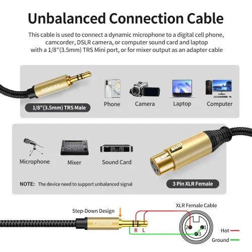 Miniatura 2 de XLR hembra a conector macho de 0.138 in (1/8") de 3.3 pies/3.3 ft TRS Cable desequilibrado compatible con iPhone, iPod, reproductor de MP3, laptop