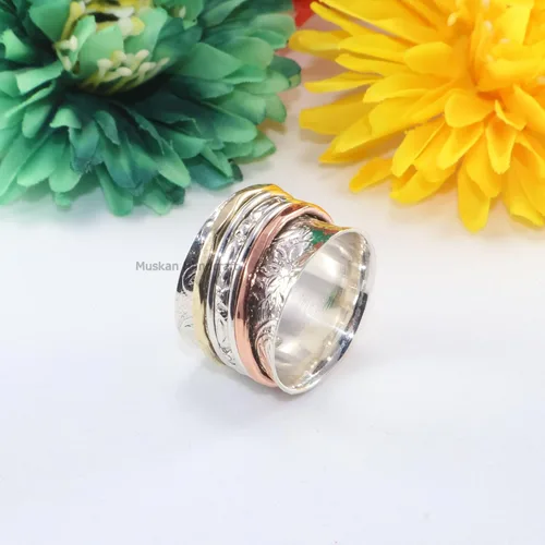 Miniatura 3 de Solid 925 Sterling Silver Flower Floral Three Tone Hammered Meditation Spinner Ring For WomenGirls