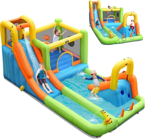 Miniatura 9 de BOUNTECH Tobogán acuático inflable, 7 en 1 doble tobogán para niños, parque acuático para niños, toboganes de agua inflables para exteriores