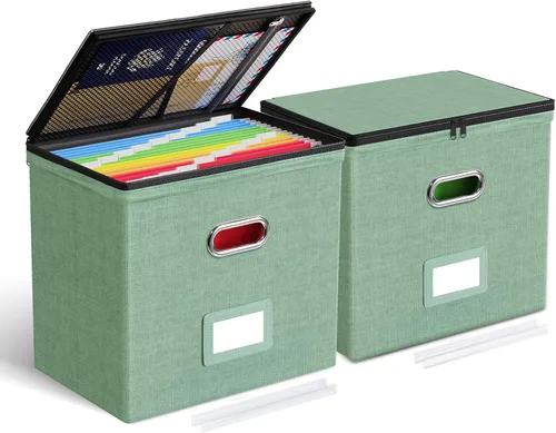 Oterri Paquete de 2 cajas organizadoras de archivos con tapas, caja de archivos con bolsillos de malla, caja organizadora de documentos para Verde