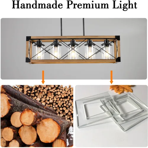 Miniatura 3 de Lámparas colgantes rústicas de casa de campo, candelabros para comedor y cocina, accesorios de luz de isla de 5 luces, candelabro de madera sobre