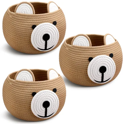 Uiifan Cesta de bebé de 3 piezas para guardería, regalo de oso, cesta redonda de cuerda de algodón para almacenamiento de artículos recién nacidos,