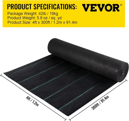 Miniatura 7 de VEVOR Barrera de Tela para Malezas de Servicio Pesado, 4x300FT 5.8oz Tela Bloqueadora de Malezas, Tela de Paisaje Tejida, Tela de Jardín Barrera
