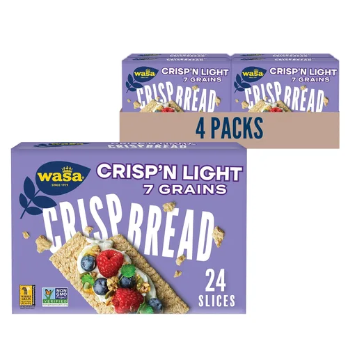 Wasa Crisp'n Light - Pan crujiente de 7 granos, 4.9 onzas (paquete de 4), galletas, ingredientes sin OMG, mezcla de 7 granos, 20 calorías por