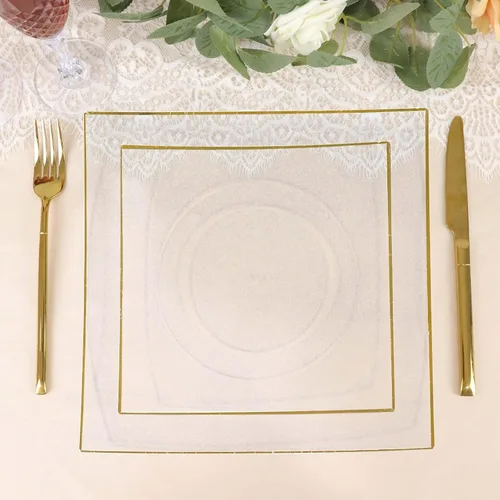 Miniatura 10 de Tableclothsfactory Paquete de 10 platos llanos cuadrados cóncavos de plástico duro de 8 pulgadas negro/dorado, platos desechables para fiestas