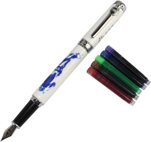 Gullor Jinhao 950 Caballo de porcelana azul y blanco con caja de regalo y cartuchos de tinta
