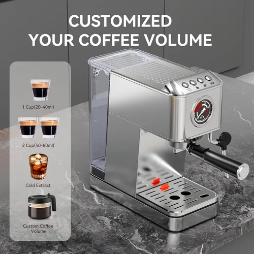 Miniatura 4 de EM623 Máquina de café expreso de 20 Bar con espumador de leche de vapor, máquina de café de acero inoxidable con tanque de agua extraíble