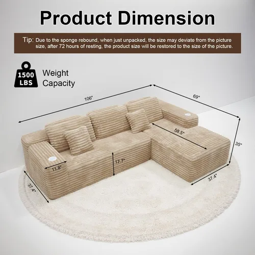 Miniatura 2 de Sofá modular Cloud con diván en forma de L, moderno sofá modular con asiento profundo, portavasos integrado y bolsillo de almacenamiento para sala