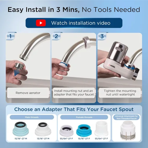 Miniatura 6 de ANGEL CF30 Filtro de agua para grifo de fregadero, sistema de filtración de agua de montaje en grifo, reduce el 98% de cloro, plomo y óxido, probado