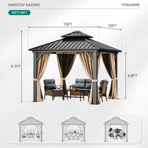 Miniatura 7 de DWVO Gazebo de techo rígido de 10 x 10 pies, techo doble con redes y cortinas, techo de rayas verticales de acero galvanizado resistente para patio