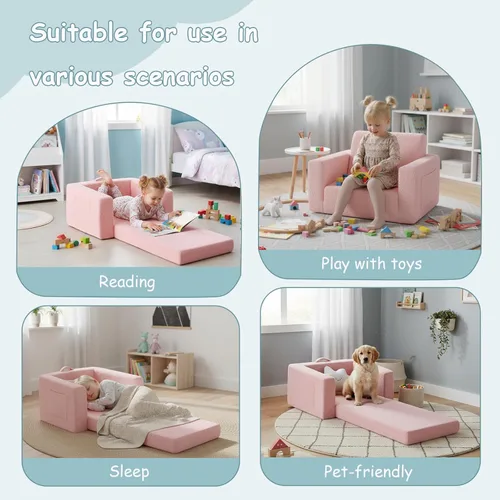 Miniatura 4 de Tiita Sillón Sofá para Niños, Sillas Sofá Cómodas Plegables para Niños Pequeños, Sofás de Felpa 2 en 1 Desplegables para Niños, Silla con Rosa