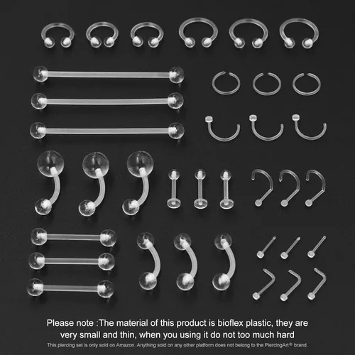 Miniatura 2 de 36 piezas de retenedores de piercing transparentes de plástico Bioflex para pezón, lengua, nariz, tabique, ceja, ombligo, aretes, tragus, hélice