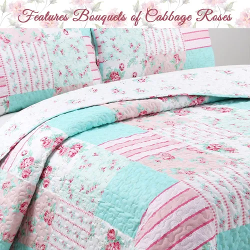 Miniatura 4 de Cozy Line Home Fashions - Juego de ropa de cama, colcha reversible con dulce estampado floral durazno y rosa claro en 3D con parches reales 100 %
