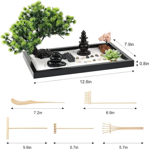 Miniatura 2 de Kit de jardín zen para decoración de escritorio - Juego de caja de arena mini japonés premium y hermoso para el hogar, oficina con bandeja de madera